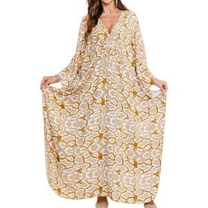 Women's Beige Snake V Neck Batwing Sleeves Beach Summer Cover Up Kaftan Dress